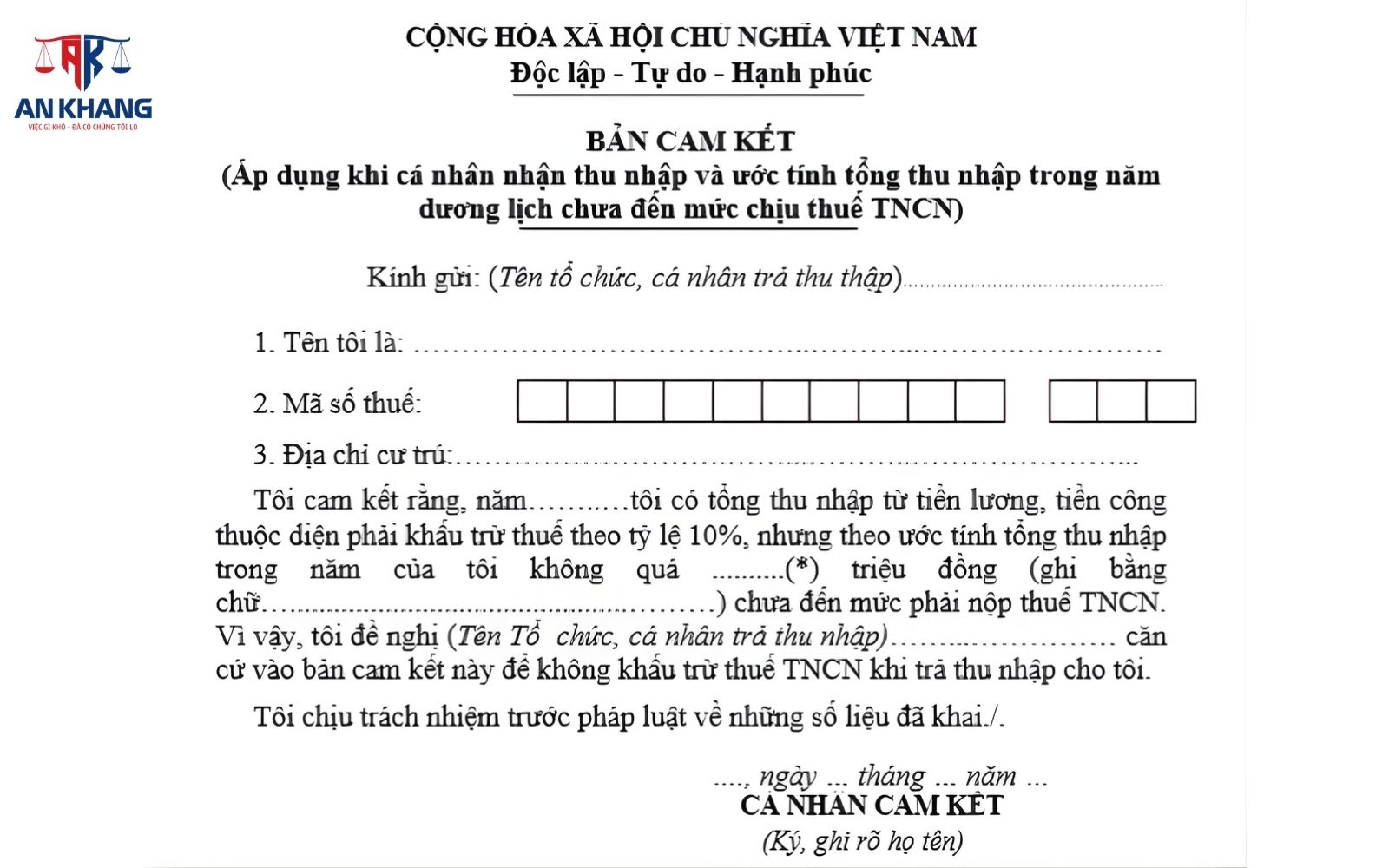 Mẫu cam kết thuế TNCN mới nhất 2026 (Mẫu 08/CK-TNCN)