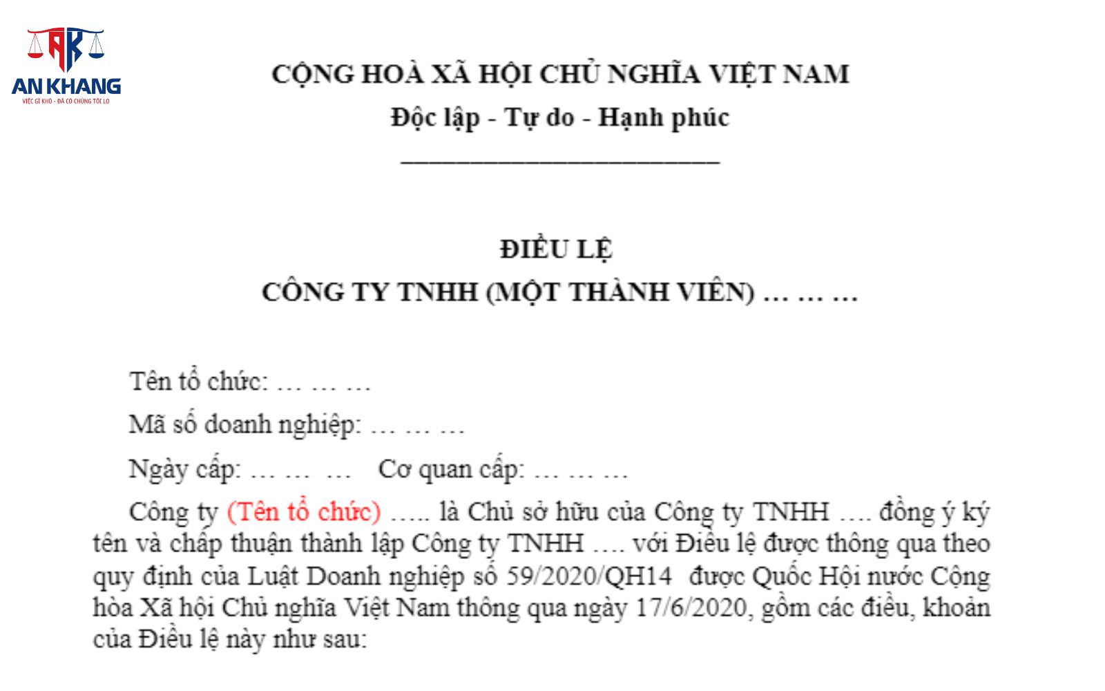 Mẫu điều lệ công ty TNHH 1 thành viên đối với tổ chức