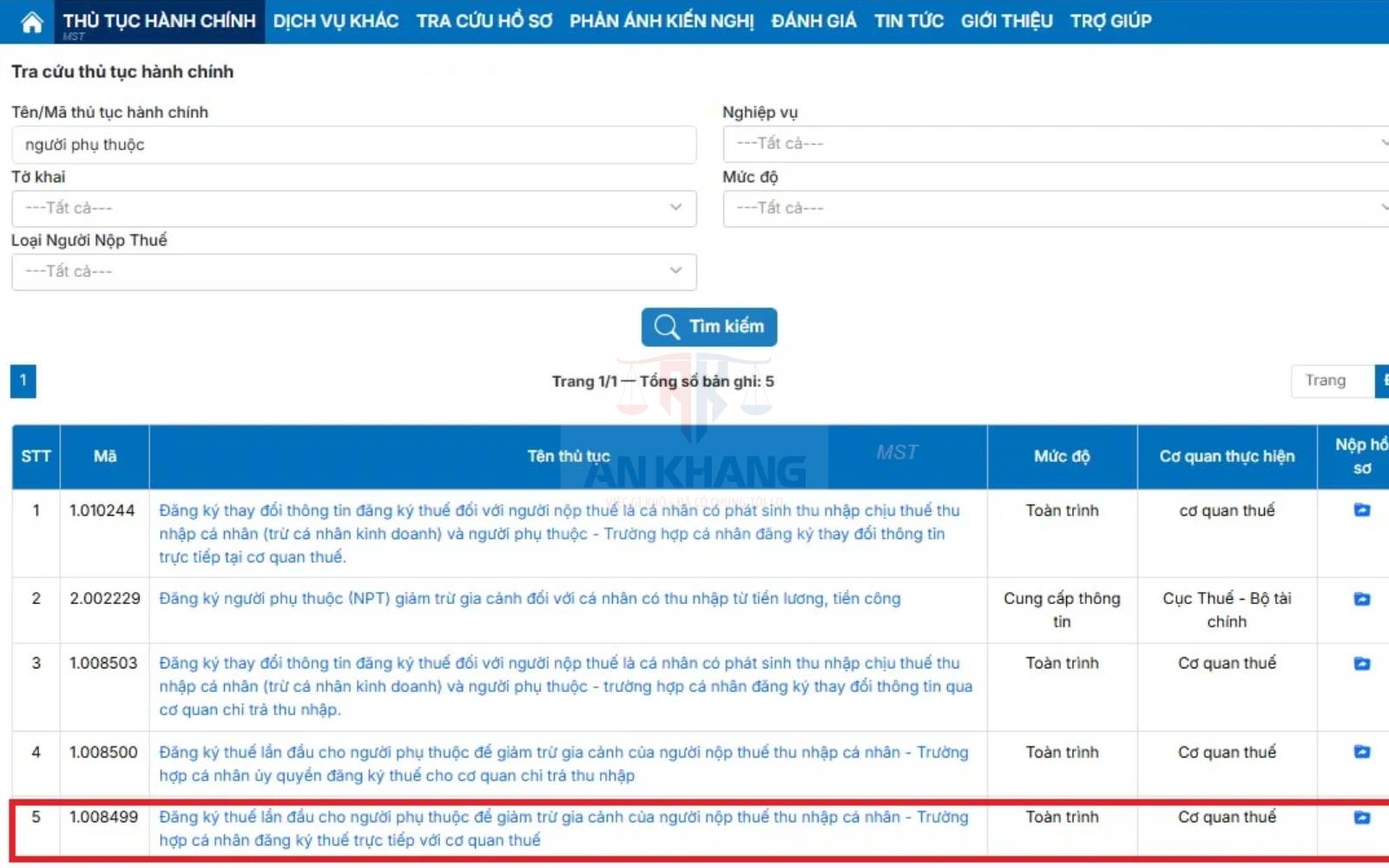 Bước 3: Chọn mục [THỦ TỤC HÀNH CHÍNH]