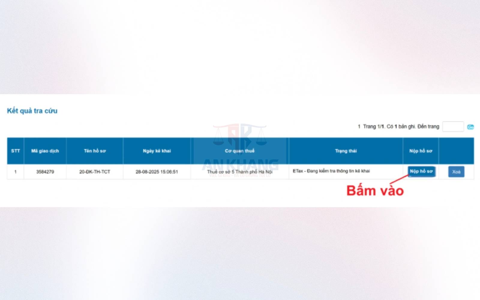 Nộp hồ sơ tại kết quả tra cứu