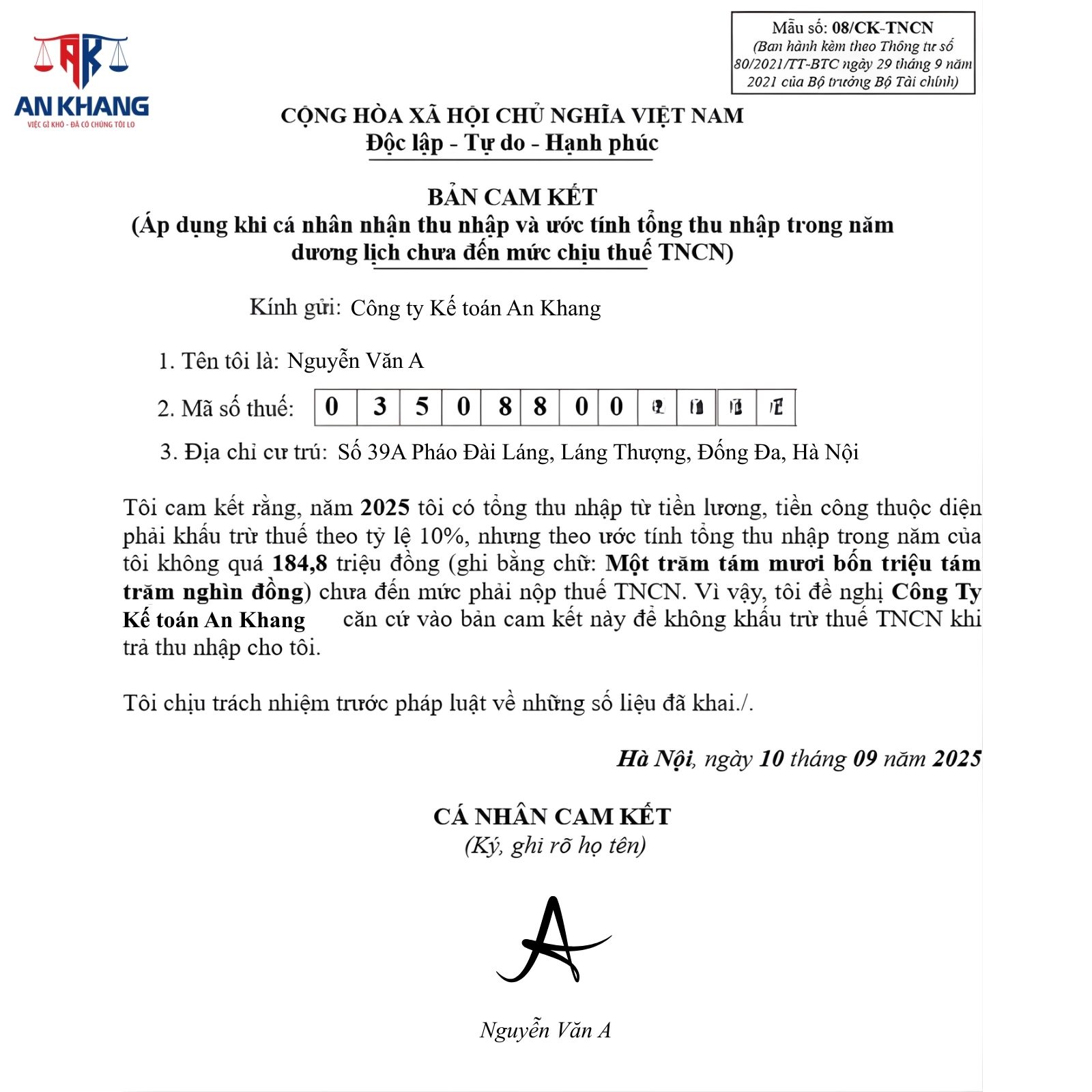 Hướng dẫn điền mẫu đơn cam kết giảm trừ gia cảnh thuế TNCN