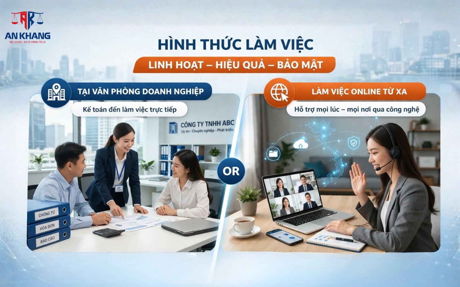Linh hoạt làm việc trực tiếp tại doanh nghiệp hoặc online, phù hợp mọi quy mô hoạt động Các hình thức thực hiện dịch vụ kế toán nội bộ